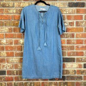 Vineyard Vines Blue Chambray Dress Flutter Sleeve Lace Up Tassel Size 00